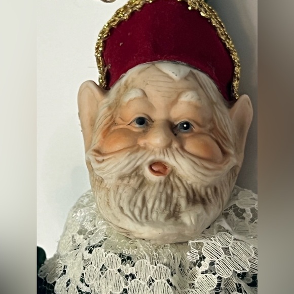 RARE Vintage Gnome Santa Elf Ornament Ceramic Velvet Lace Taiwan - Picture 8 of 8